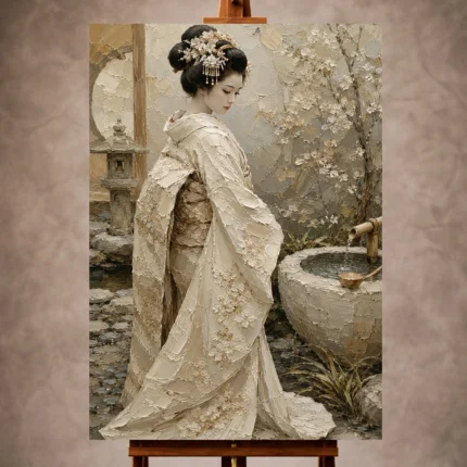 Serene ivory and taupe Japanese Geisha Art print for elegant interiors. No text or watermarks in design.