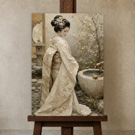 Serene Ivory Zen Garden Japanese Geisha Art Canvas Print shown in Studio Easel