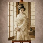 Peaceful ivory and champagne Japanese Geisha Art print for elegant interiors. No text or watermarks in design.