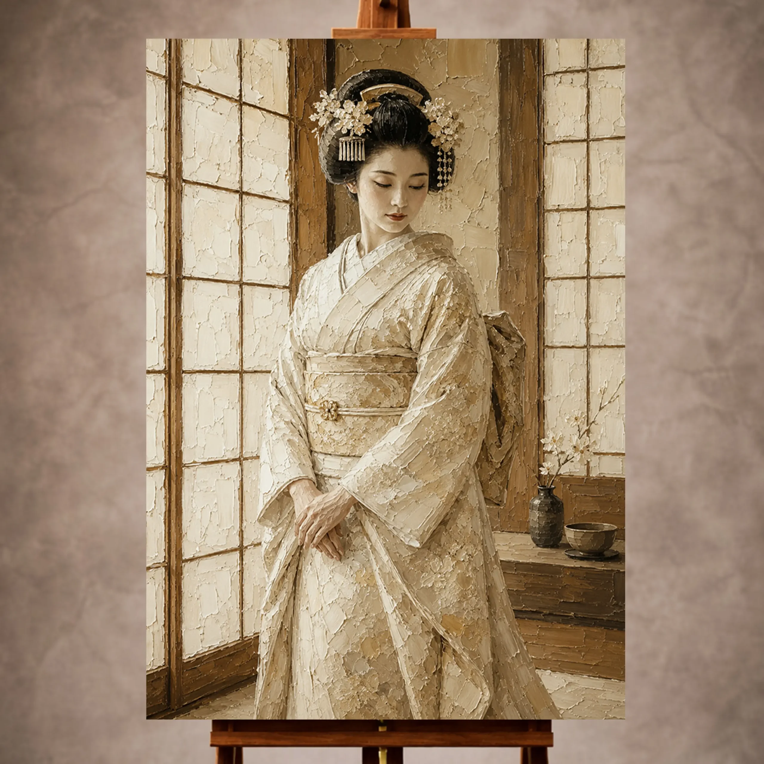 Premium Wall Art Dikey Html Edition – GYSHA014 Image 1 Peaceful ivory and champagne Japanese Geisha Art print for elegant interiors. No text or watermarks in design.