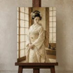 Peaceful Ivory Shoji Japanese Geisha Art Canvas Print displayed on a studio easel