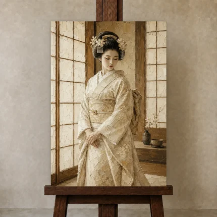 Peaceful Ivory Shoji Japanese Geisha Art Canvas Print shown in Studio Easel