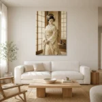 Peaceful Ivory Shoji Japanese Geisha Art Canvas Print styled in a refined neutral interior