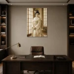 Peaceful Ivory Shoji Japanese Geisha Art Canvas Print displayed in a contemporary gallery-inspired room