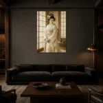 Peaceful Ivory Shoji Japanese Geisha Art Canvas Print shown in a warm modern interior