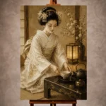 Ceremonial ivory and champagne Japanese Geisha Art print for elegant interiors. No text or watermarks in design.