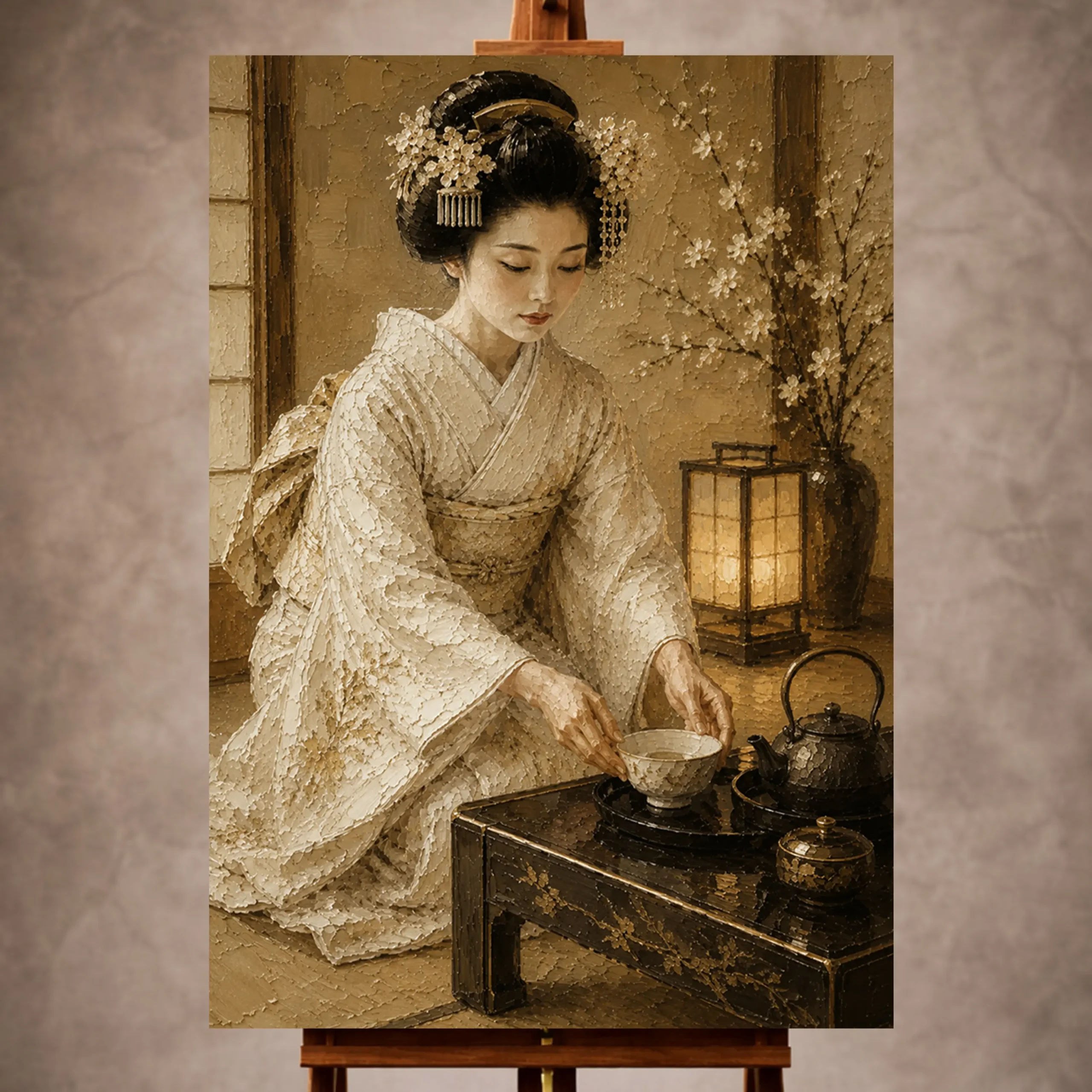 Premium Wall Art Dikey Html Edition – GYSHA015 Image 1 Ceremonial ivory and champagne Japanese Geisha Art print for elegant interiors. No text or watermarks in design.