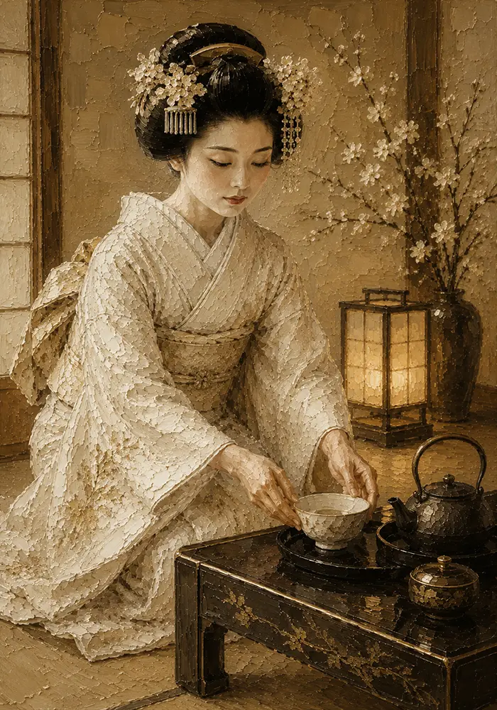 Ceremonial Ivory Tea House Japanese Geisha Art Canvas Print