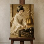 Ceremonial Ivory Tea House Japanese Geisha Art Canvas Print displayed on a studio easel