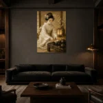 Ceremonial Ivory Tea House Japanese Geisha Art Canvas Print shown in a warm modern interior