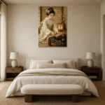 Ceremonial Ivory Tea House Japanese Geisha Art Canvas Print showcased in an elegant minimalist interior