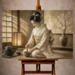 Lantern-lit ivory and champagne Japanese Geisha Art print for elegant interiors. No text or watermarks in design.