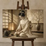Lantern-Lit Ivory Kimono Japanese Geisha Art Canvas Print displayed on a studio easel