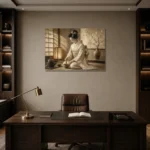 Lantern-Lit Ivory Kimono Japanese Geisha Art Canvas Print displayed in a contemporary gallery-inspired room