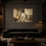 Lantern-Lit Ivory Kimono Japanese Geisha Art Canvas Print shown in a warm modern interior
