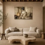 Lantern-Lit Ivory Kimono Japanese Geisha Art Canvas Print presented in a sophisticated home setting