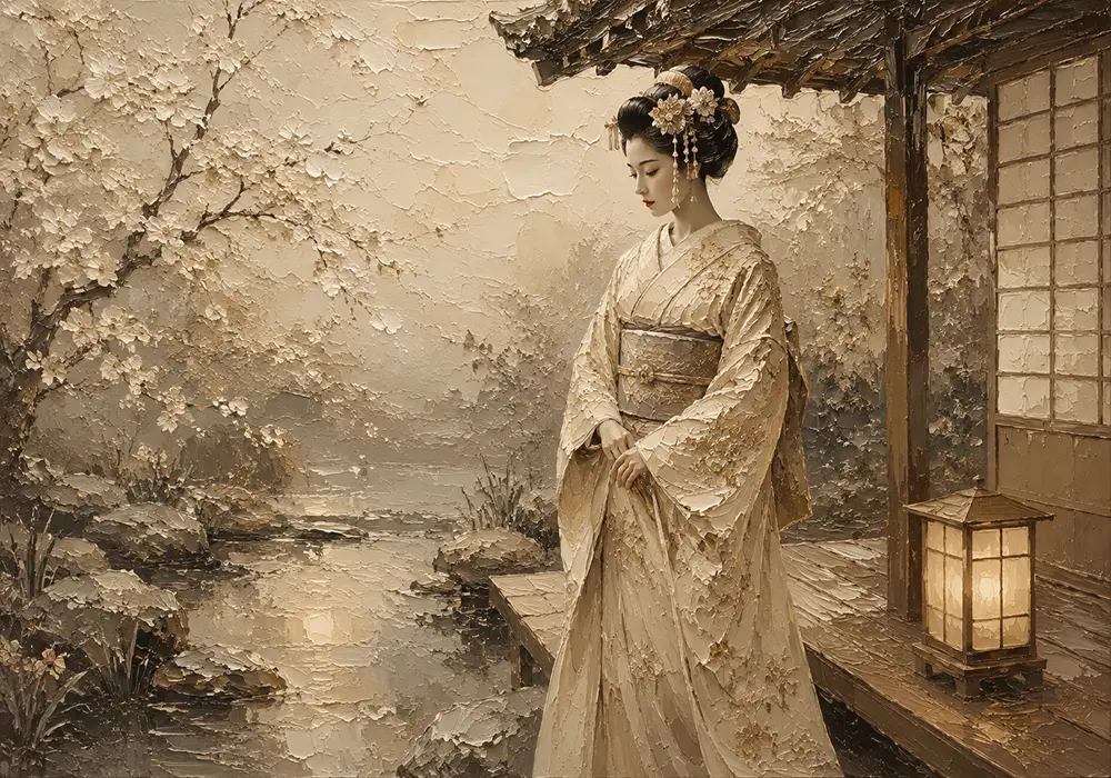 Misty Ivory Lantern Japanese Geisha Art Canvas Print
