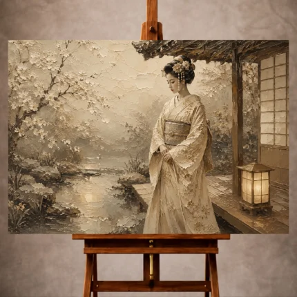 Misty ivory and muted gold Japanese Geisha Art print for elegant interiors. No text or watermarks in design.