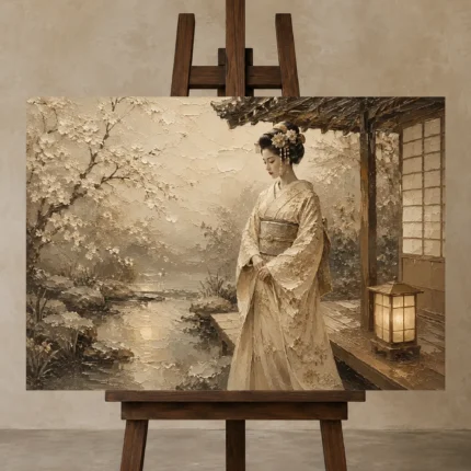 Misty Ivory Lantern Japanese Geisha Art Canvas Print displayed on a studio easel