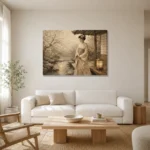 Misty Ivory Lantern Japanese Geisha Art Canvas Print styled in a refined neutral interior