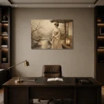 Misty Ivory Lantern Japanese Geisha Art Canvas Print displayed in a contemporary gallery-inspired room