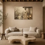 Misty Ivory Lantern Japanese Geisha Art Canvas Print presented in a sophisticated home setting