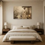 Misty Ivory Lantern Japanese Geisha Art Canvas Print showcased in an elegant minimalist interior