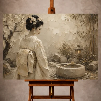Contemplative ivory and taupe Japanese Geisha Art print for elegant interiors. No text or watermarks in design.
