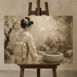 Contemplative Ivory Zen Japanese Geisha Art Canvas Print displayed on a studio easel