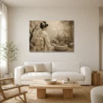 Contemplative Ivory Zen Japanese Geisha Art Canvas Print styled in a refined neutral interior