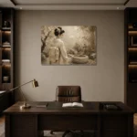 Contemplative Ivory Zen Japanese Geisha Art Canvas Print displayed in a contemporary gallery-inspired room