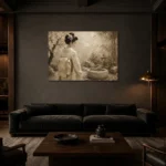 Contemplative Ivory Zen Japanese Geisha Art Canvas Print shown in a warm modern interior