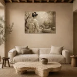 Contemplative Ivory Zen Japanese Geisha Art Canvas Print presented in a sophisticated home setting