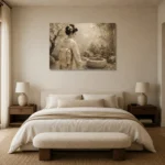 Contemplative Ivory Zen Japanese Geisha Art Canvas Print showcased in an elegant minimalist interior