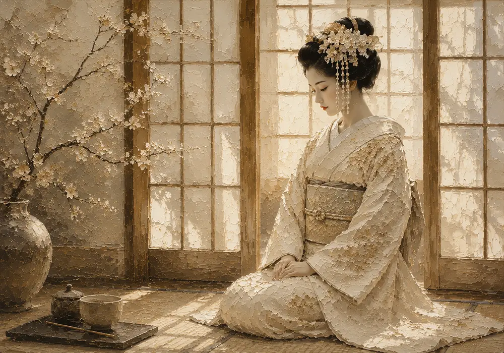 Peaceful Morning Ivory Shoji Japanese Geisha Art Canvas Print