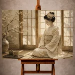 Peaceful morning ivory and champagne Japanese Geisha Art print for elegant interiors. No text or watermarks in design.