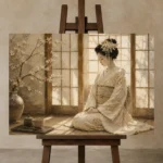 Peaceful Morning Ivory Shoji Japanese Geisha Art Canvas Print displayed on a studio easel