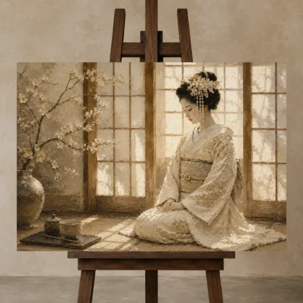 Peaceful Morning Ivory Shoji Japanese Geisha Art Canvas Print displayed on a studio easel