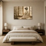Peaceful Morning Ivory Shoji Japanese Geisha Art Canvas Print showcased in an elegant minimalist interior