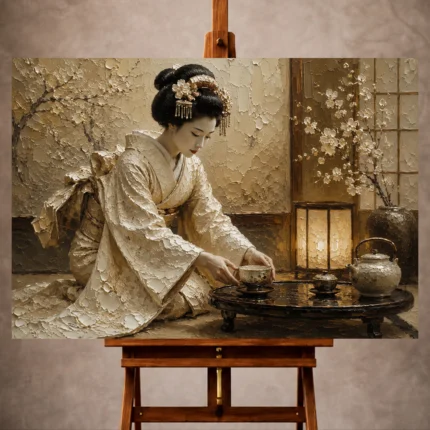Ceremonial ivory and muted bronze Japanese Geisha Art print for elegant interiors. No text or watermarks in design.
