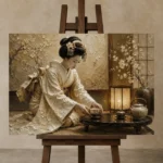 Ceremonial Ivory Tea Ceremony Japanese Geisha Art Canvas Print displayed on a studio easel