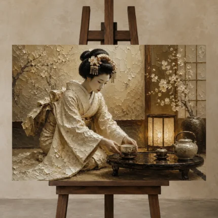 Ceremonial Ivory Tea Ceremony Japanese Geisha Art Canvas Print shown in Studio Easel