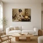 Ceremonial Ivory Tea Ceremony Japanese Geisha Art Canvas Print styled in a refined neutral interior
