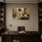 Ceremonial Ivory Tea Ceremony Japanese Geisha Art Canvas Print displayed in a contemporary gallery-inspired room