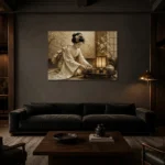 Ceremonial Ivory Tea Ceremony Japanese Geisha Art Canvas Print shown in a warm modern interior