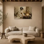 Ceremonial Ivory Tea Ceremony Japanese Geisha Art Canvas Print presented in a sophisticated home setting