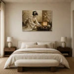 Ceremonial Ivory Tea Ceremony Japanese Geisha Art Canvas Print showcased in an elegant minimalist interior