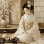 Luminous Ivory Tea Set Japanese Geisha Art Canvas Print