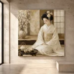 Luminous ivory and champagne Japanese Geisha Art print for elegant interiors. No text or watermarks in design.
