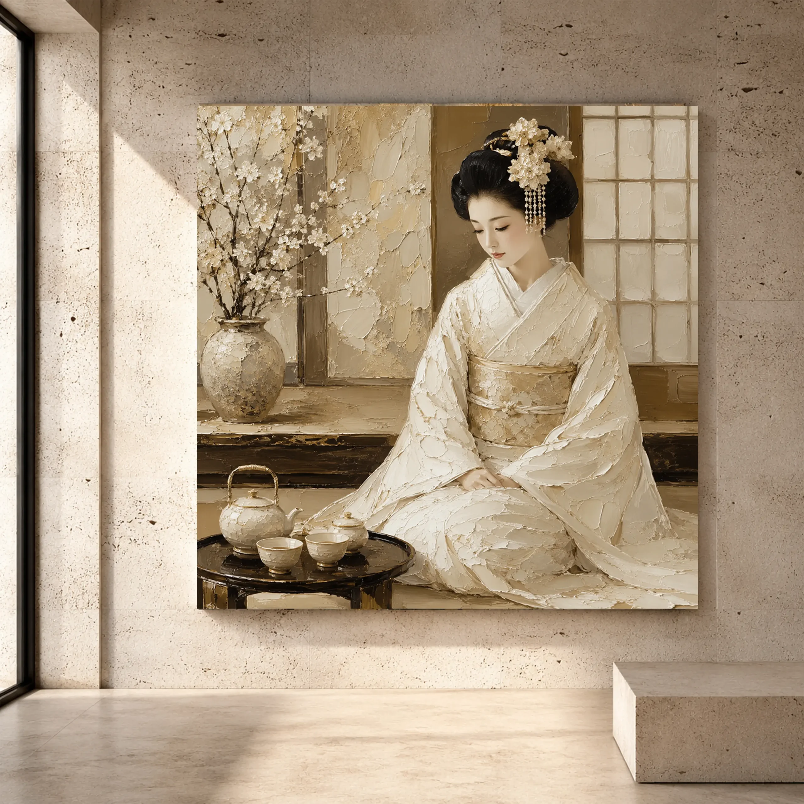 Premium Wall Art Kare Html Edition – GYSHA021 Image 1 Luminous ivory and champagne Japanese Geisha Art print for elegant interiors. No text or watermarks in design.